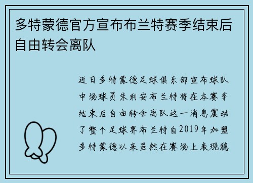 多特蒙德官方宣布布兰特赛季结束后自由转会离队